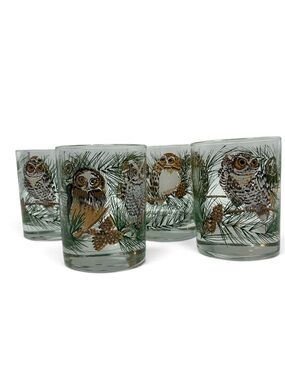 Vintage Cera Glass Horned Owl & Pine Rock Glasses Set of 4 Barware MCM 1970’s